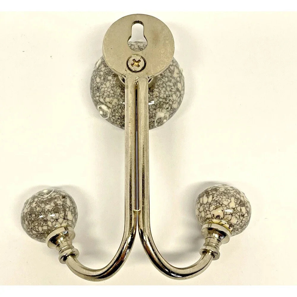 Ceramic Ornate Double Coat Hat Or Towel Hook Grey & White With Silver Hardware
